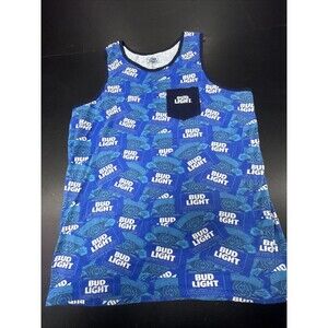 Bud Light Men Shirt Large Blue Tank Top Pocket Allover Print Sleeveless Pullover